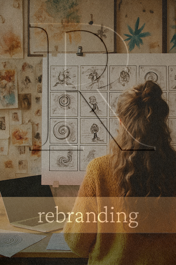 Kreative Brand Designerin im Atelier, arbeitet an handgezeichneten Storyboards zur Markenentwicklung. Visuelles Konzept, Moodboard und Skizzen sichtbar – ideal für nachhaltige Marken mit Kulturfokus.